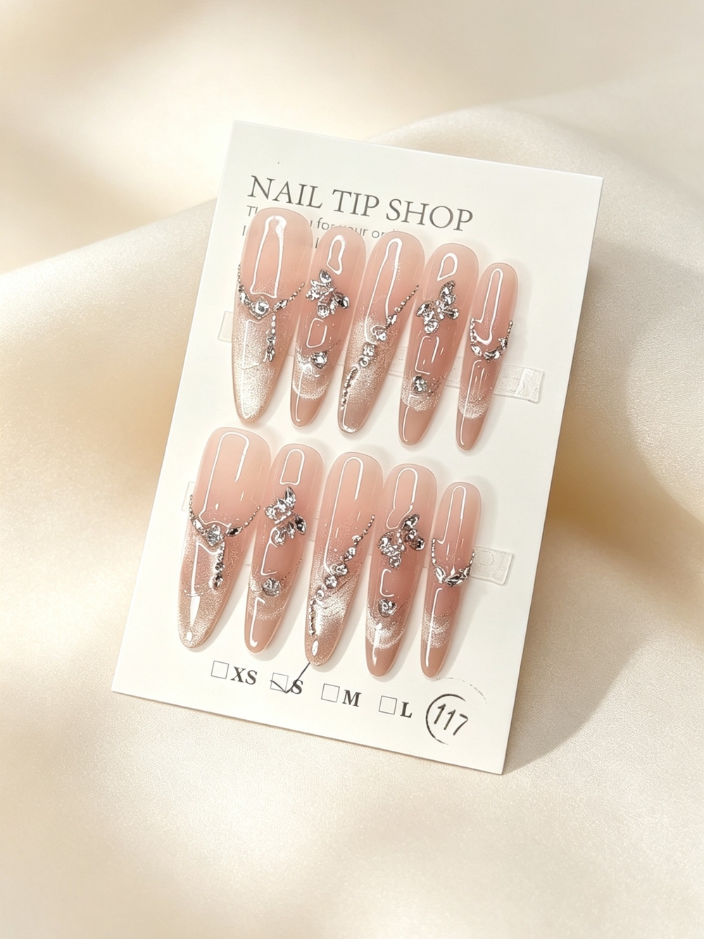 Nude Glitter Gradient Cat Eye Press On Nails with Silver Rhinestones Long Almond